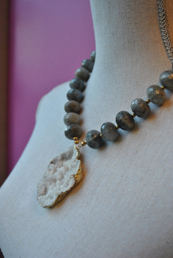 LABRADORITE RONDELLES AND WHITE DRUZY CRYSTALS STATEMENT NECKLACE