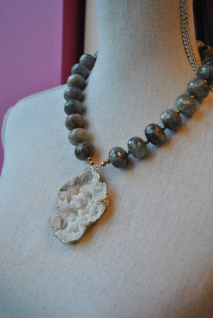 LABRADORITE RONDELLES AND WHITE DRUZY CRYSTALS STATEMENT NECKLACE