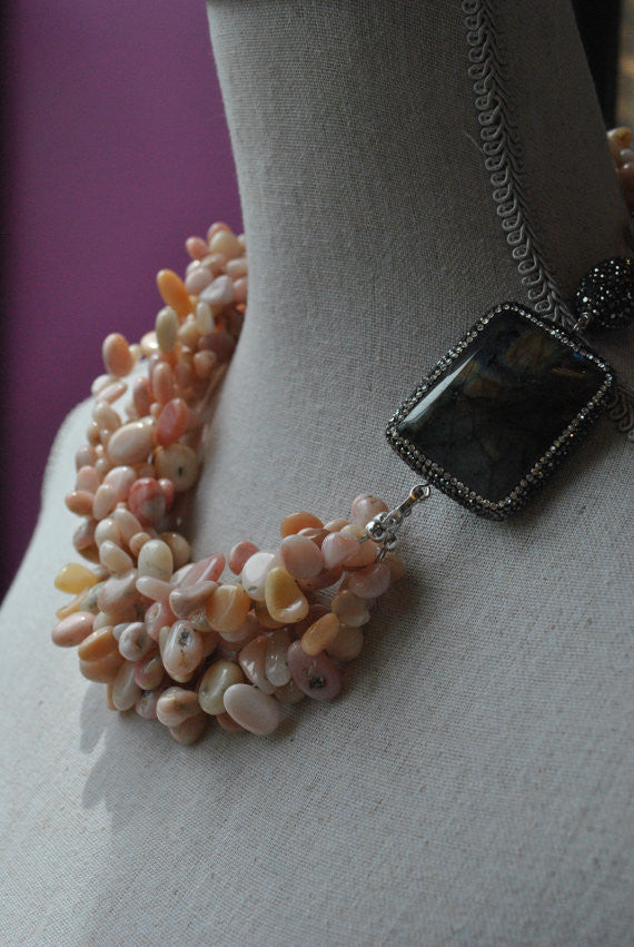 PINK PERUVIAN OPAL AND LABRADORITE ASYMMETRIC NECKLACE