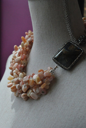 PINK PERUVIAN OPAL AND LABRADORITE ASYMMETRIC NECKLACE