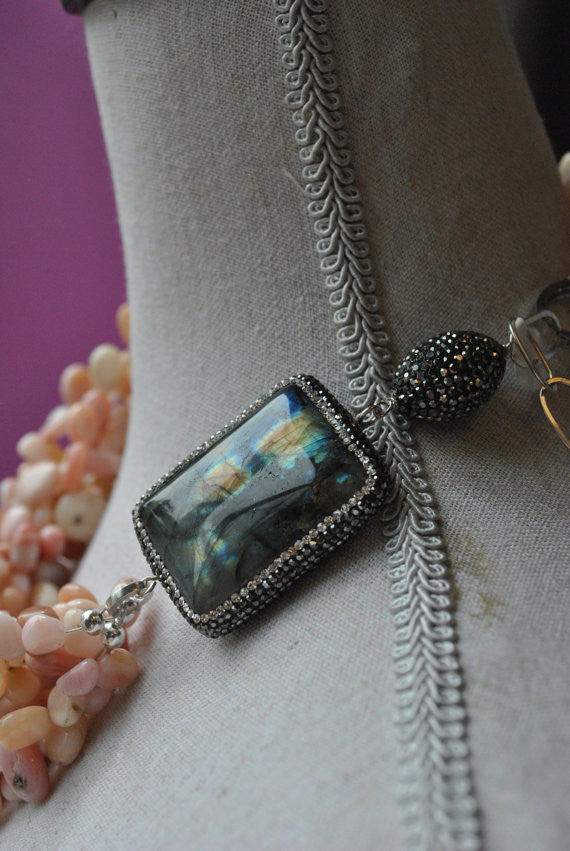 PINK PERUVIAN OPAL AND LABRADORITE ASYMMETRIC NECKLACE