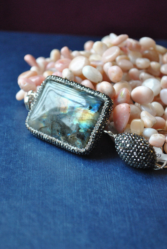 PINK PERUVIAN OPAL AND LABRADORITE ASYMMETRIC NECKLACE