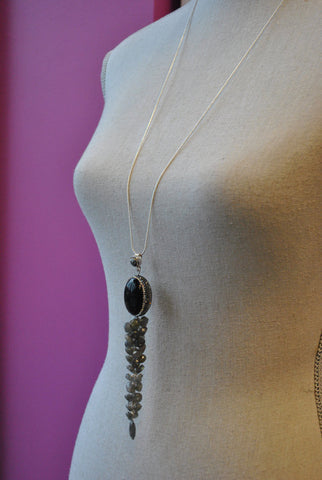 AMAZONITE AND WHITE MOTHER OF PEARLS ON GUNMETAL FINISH LONG KASHMERE NECKLACE