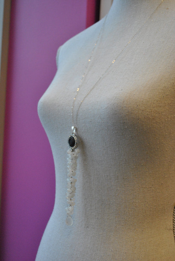 MOONSTONE, BLACK DRUZY AND CRYSTALS OVERSIZE LONG CHAIN PENDANT