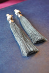 MOTHER OF PEARLS, SWAROVSKI CRYSTALS AND GREY TASSEL LONG STATEMENT EARRINGS