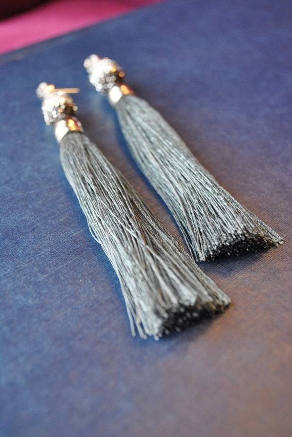 MOTHER OF PEARLS, SWAROVSKI CRYSTALS AND GREY TASSEL LONG STATEMENT EARRINGS