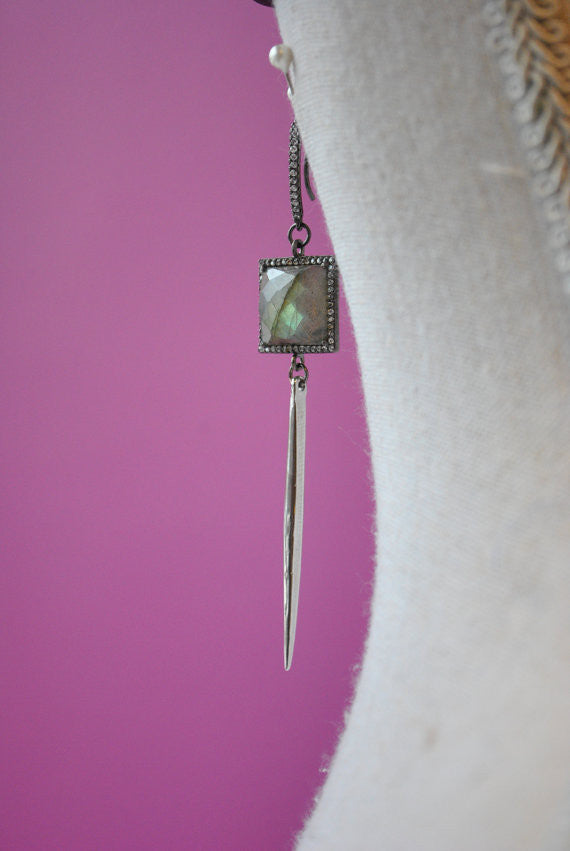 LABRADORITE SQUARES AND RHINESTONES SPIKE SILVER LONG EARRINGS