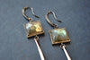 LABRADORITE SQUARES AND RHINESTONES SPIKE SILVER LONG EARRINGS