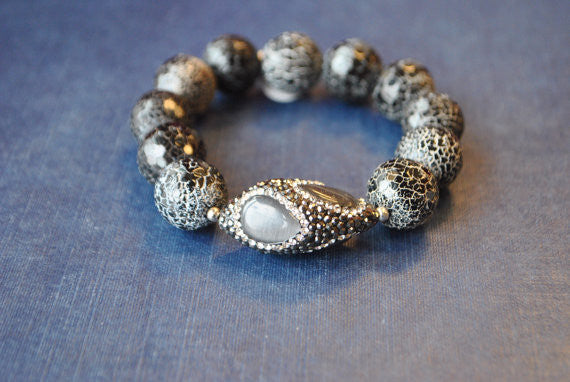 BLACK AGATE, CAT'S EYE AND SWAROVSKI CRYSTALS STRETCHY BRACELETS SET