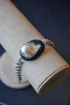 MOTHER OF PEARLS AND ROYAL BLUE SWAROVSKI CRYSTALS RHODIUM PLATED S/S CHAIN BRACELET