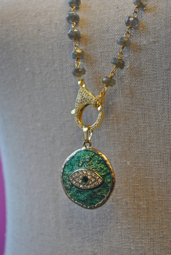 LABRADORITE AND GREEN ANGEL EYE PENDANT LONG KASHMERE NECKLACE