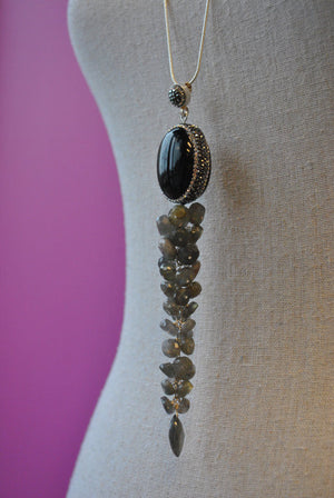 LABRADORITE AND BLACK ONYX OVERSIZE LONG CHAIN PENDANT