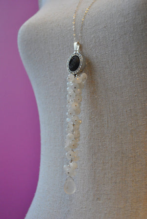 MOONSTONE, BLACK DRUZY AND CRYSTALS OVERSIZE LONG CHAIN PENDANT