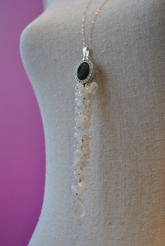 MOONSTONE, BLACK DRUZY AND CRYSTALS OVERSIZE LONG CHAIN PENDANT