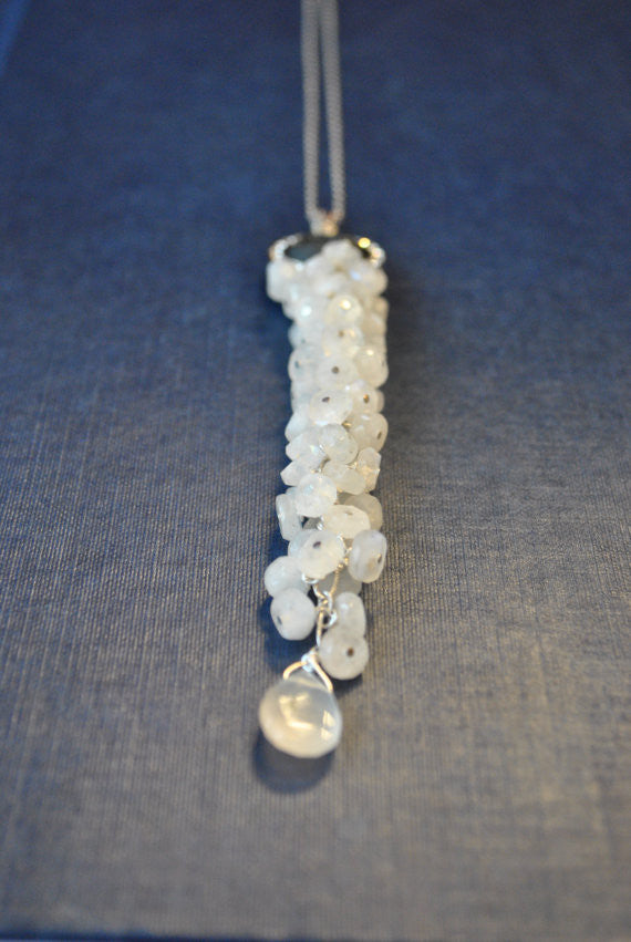 MOONSTONE, BLACK DRUZY AND CRYSTALS OVERSIZE LONG CHAIN PENDANT