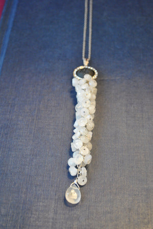 MOONSTONE, BLACK DRUZY AND CRYSTALS OVERSIZE LONG CHAIN PENDANT