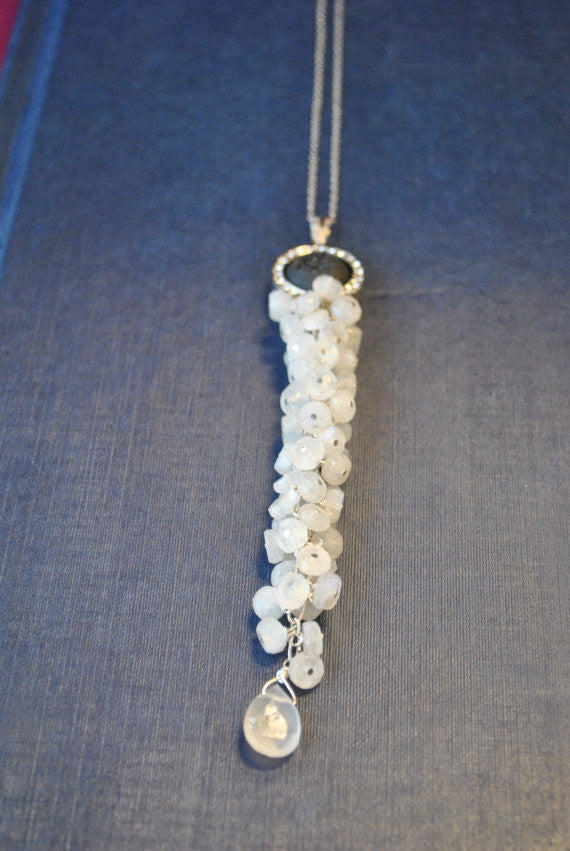 MOONSTONE, BLACK DRUZY AND CRYSTALS OVERSIZE LONG CHAIN PENDANT