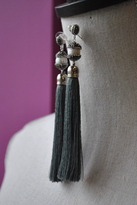 MOTHER OF PEARLS, SWAROVSKI CRYSTALS AND GREY TASSEL LONG STATEMENT EARRINGS