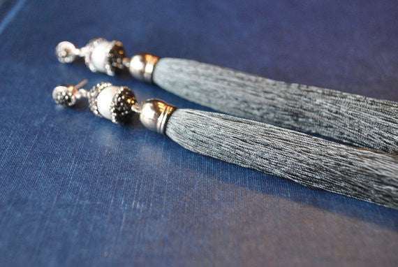 MOTHER OF PEARLS, SWAROVSKI CRYSTALS AND GREY TASSEL LONG STATEMENT EARRINGS