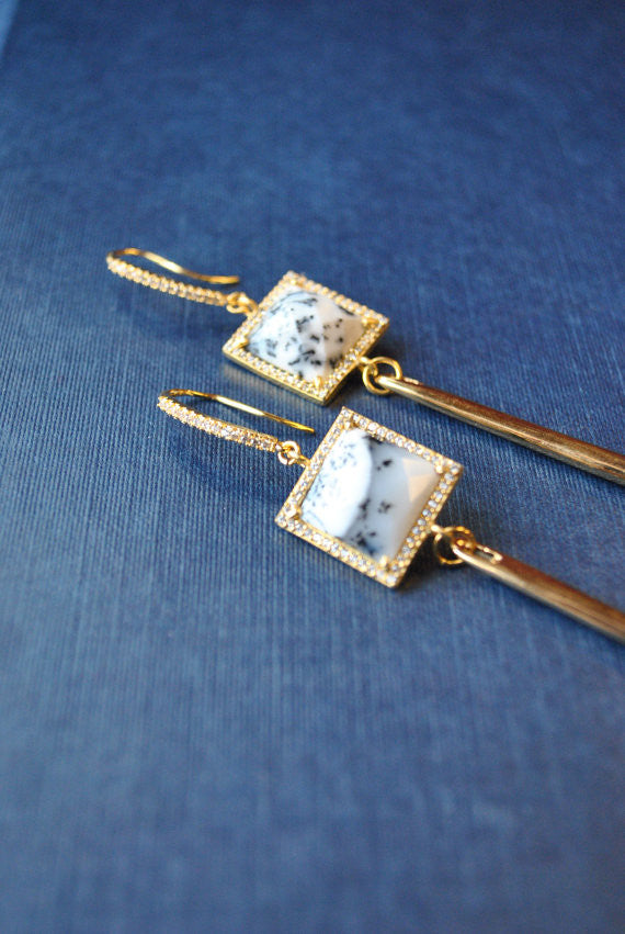 WHITE AGATE SQUARES AND RHINESTONES GOLD SPIKE LONG STATEMENT EARRINGS