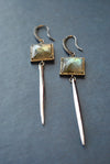 LABRADORITE SQUARES AND RHINESTONES SPIKE SILVER LONG EARRINGS