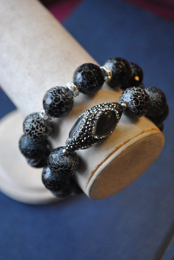 BLACK AGATE, CAT'S EYE AND SWAROVSKI CRYSTALS STRETCHY BRACELETS SET