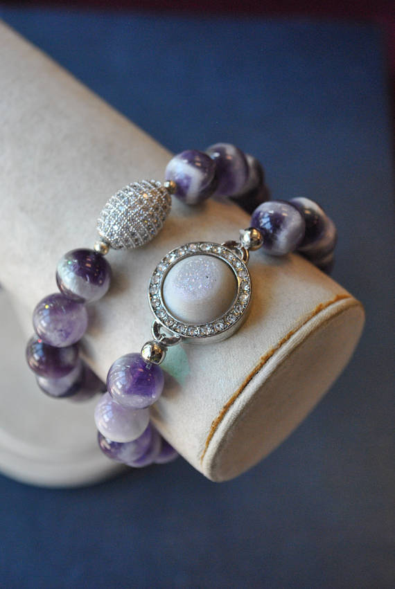 BRAZILIAN AMETHYST WITH DRUZY AND RHINESTONES STRETCHY BRACELETS SET