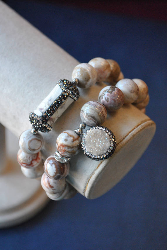 AQUA AGATE WITH SWAROVSKI CRYSTALS AND DRUZY CHARM STRETCHY BRACELET SET