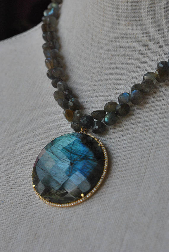 LABRADORITE TEARDROP AND COIN PENDANT ON GOLD NECKLACE