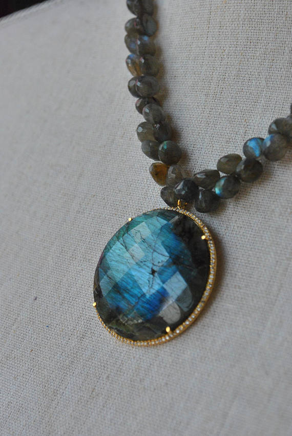 LABRADORITE TEARDROP AND COIN PENDANT ON GOLD NECKLACE