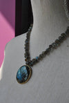 LABRADORITE TEARDROP AND COIN PENDANT ON GOLD NECKLACE