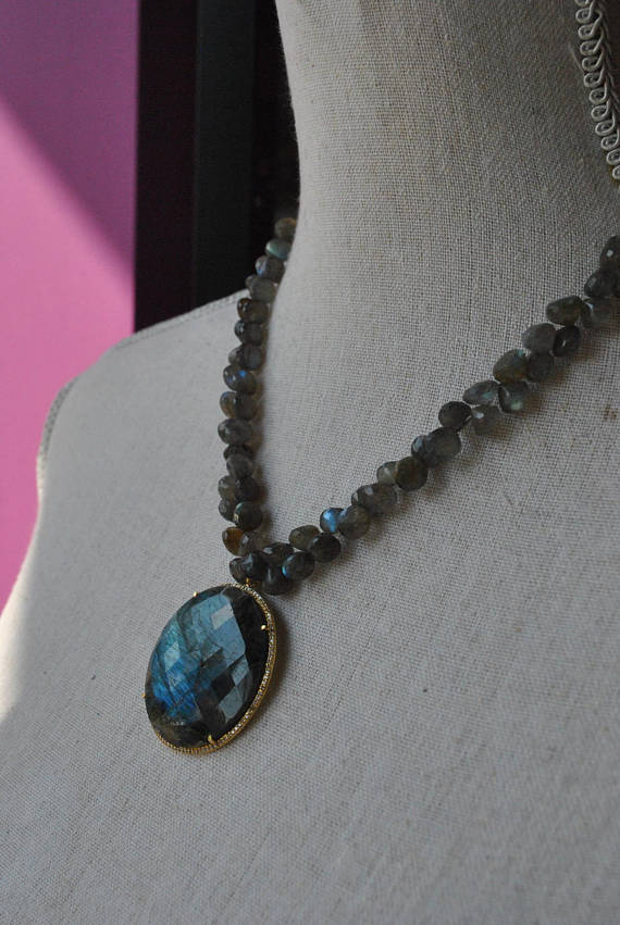 LABRADORITE TEARDROP AND COIN PENDANT ON GOLD NECKLACE