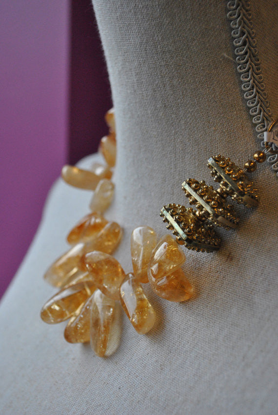 CITRINE AND VINTAGE GOLD ELEMENTS STATEMENT ASYMMETRIC NECKLACE