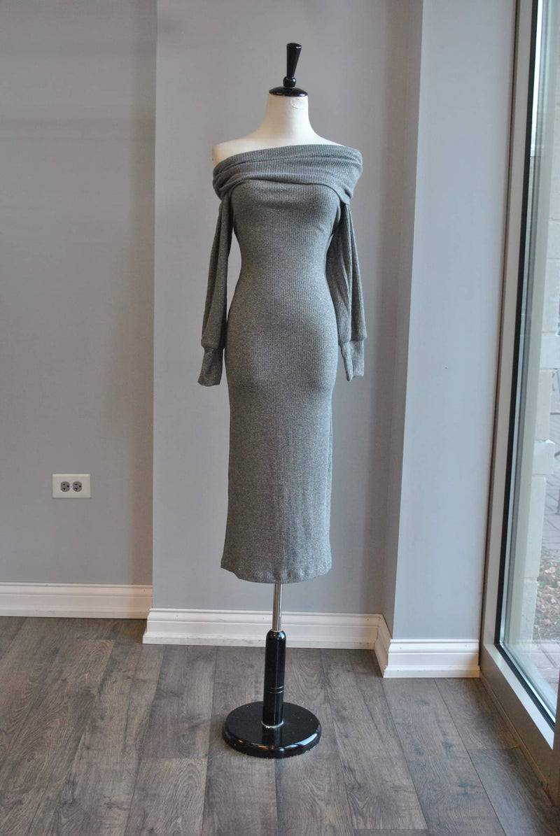 SILVER GREY SWEATER OFF THE SHOULDER DRESS